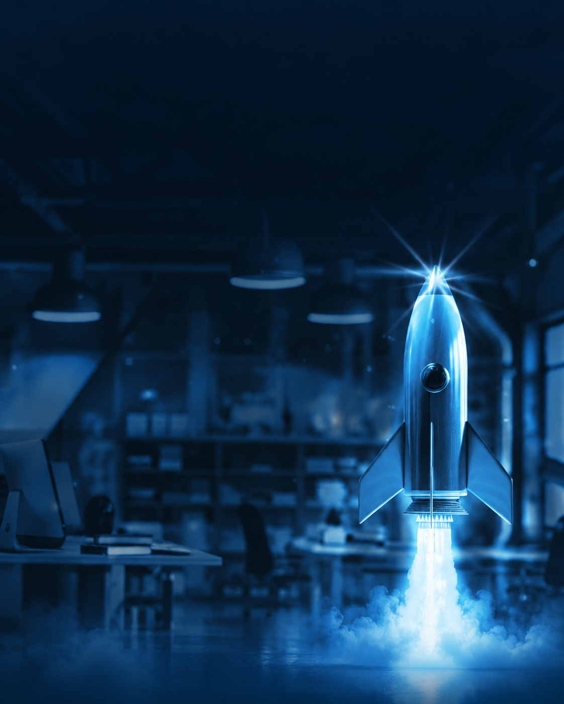 Cohete iluminado en un laboratorio de tonos azules